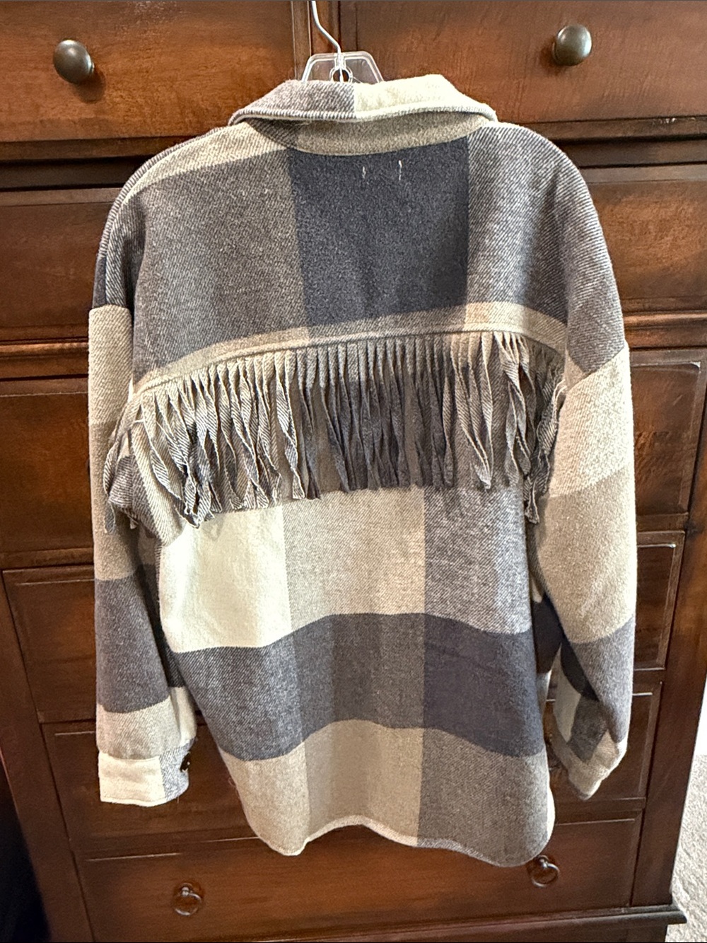 Fringed Plaid Women's Shacket in Beige and Gray